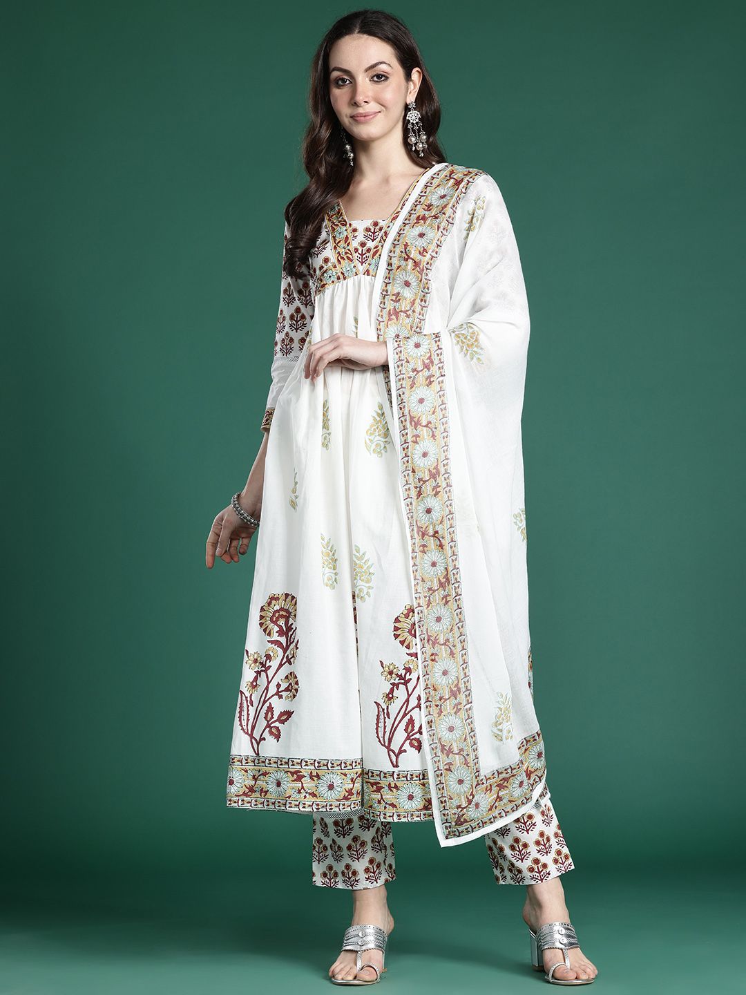 Floral Printed Empire Pure Cotton Kurta with Trousers & With Dupatta