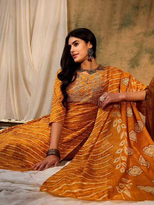 Dhiyona IE Leheriya Printed Regular Pure Cotton Kurta With Trousers & Dupatta