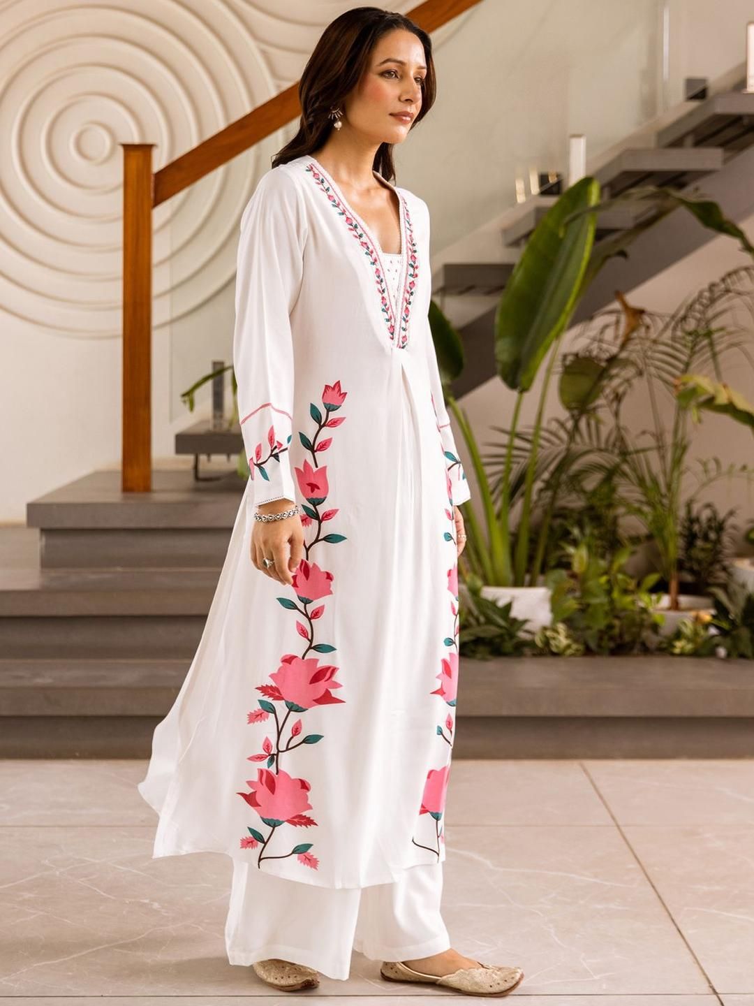 Floral Printed Straight Thread Work Kurta With Palazzos