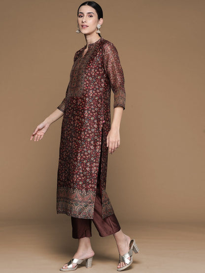 Dhiyona PD Women Floral Printed Mandarin Collar Chanderi Silk Kurta With Trouser & Dupatta