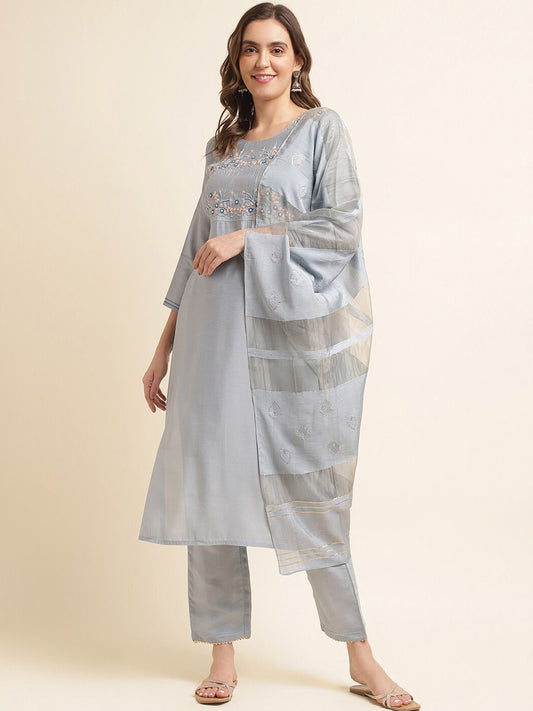 Dhiyona PD Women Yoke Design Straight Kurta & Trouser With Dupatta
