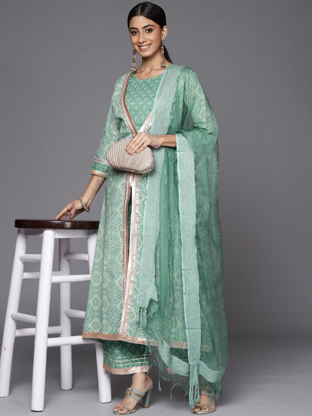 Dhiyona VA Women's Teal Bandhani Printed High Slit Gotta Patti Pure Cotton Kurta with Palazzos & With Dupatta
