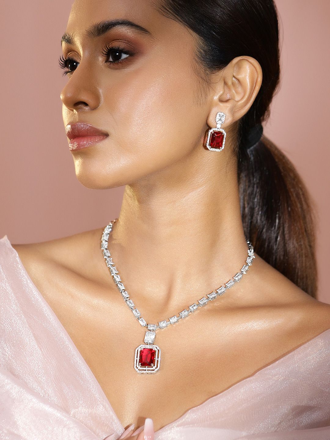 Dhiyona RJ Women's Rhodium-Plated Ruby Red & White Cubic Zirconia Studded Necklace Set
