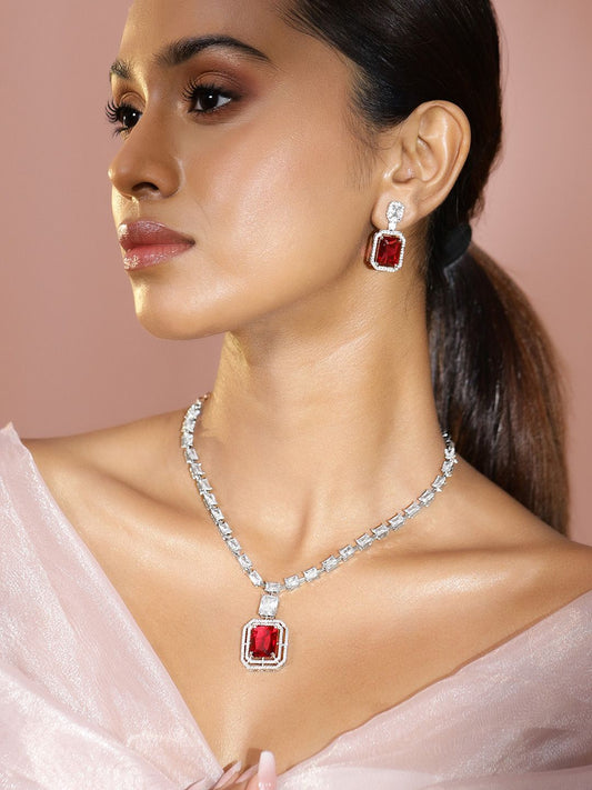 Dhiyona RJ Women's Rhodium-Plated Ruby Red & White Cubic Zirconia Studded Necklace Set
