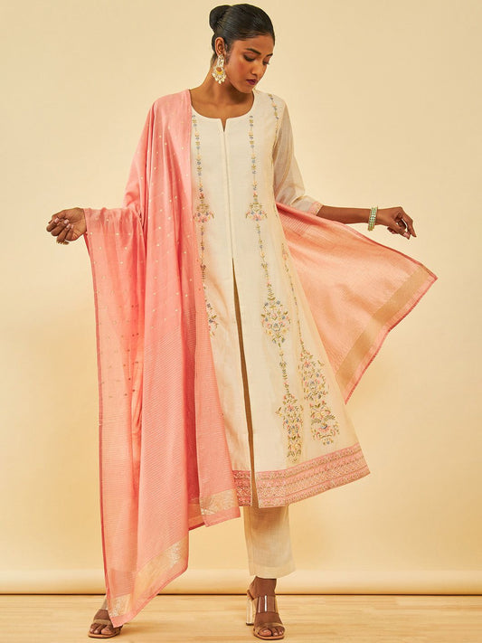 Dhiyona SO Women's Alina Cut Cream Ethnic Motifs Embroidered Thread Work A-Line Kurta With Trousers & Dupatta