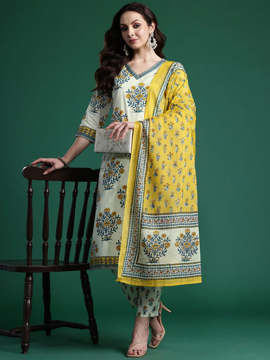 Dhiyona IE Floral Printed Regular Pure Cotton Kurta with Trousers & Dupatta