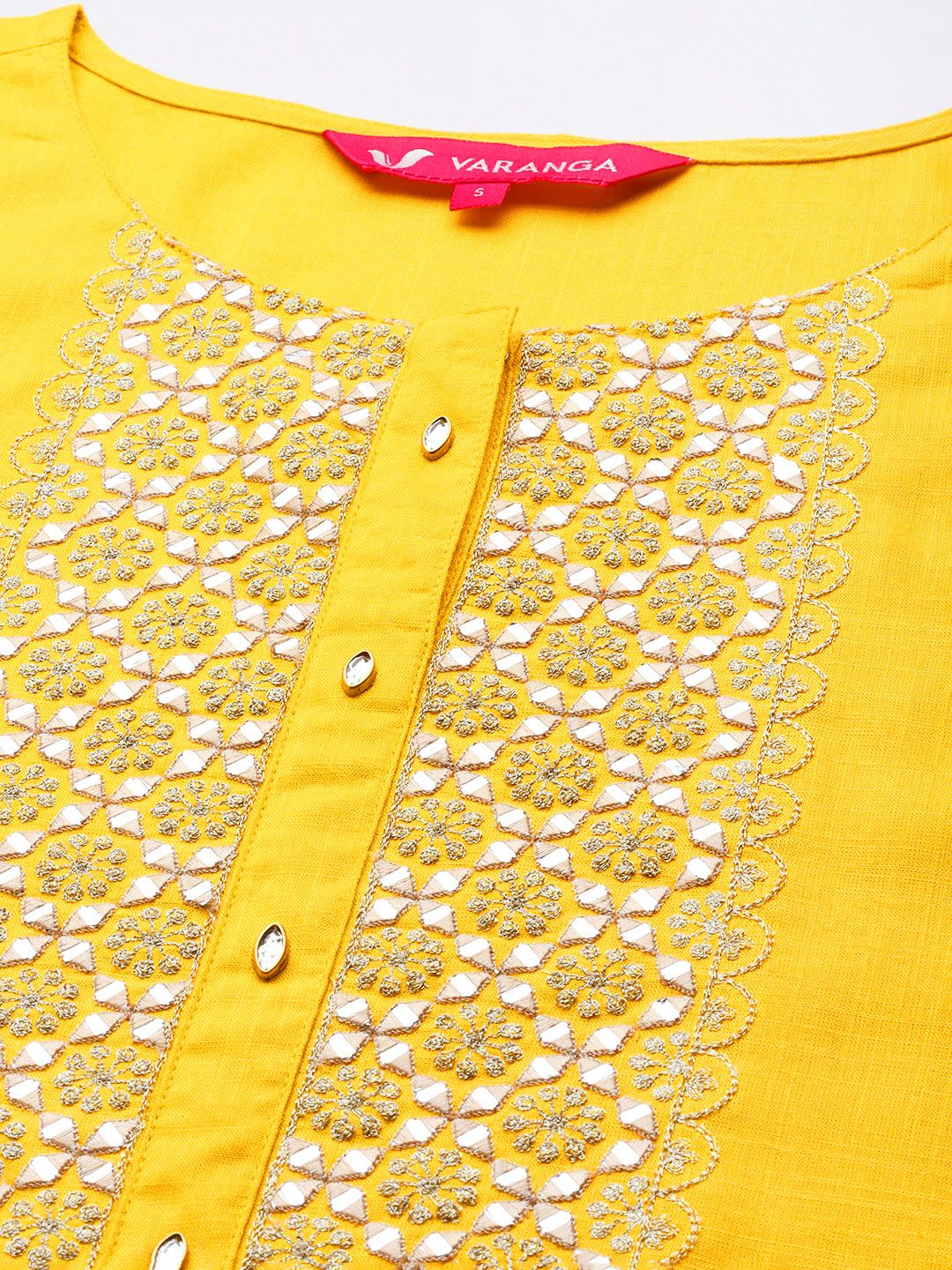 Dhiyona VA Women's Yellow Yoke Design Mirror Work Kurta with Trousers & Dupatta