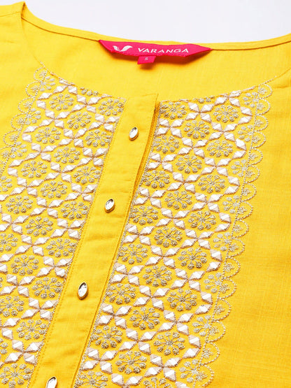 Dhiyona VA Women's Yellow Yoke Design Mirror Work Kurta with Trousers & Dupatta