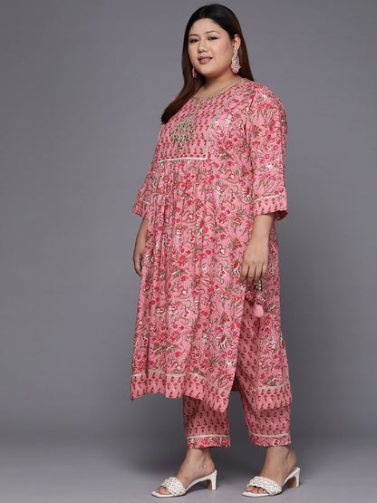 Dhiyona VA Women's Pink Floral Printed Gotta Patti Pure Cotton Kurta with Trousers & Dupatta
