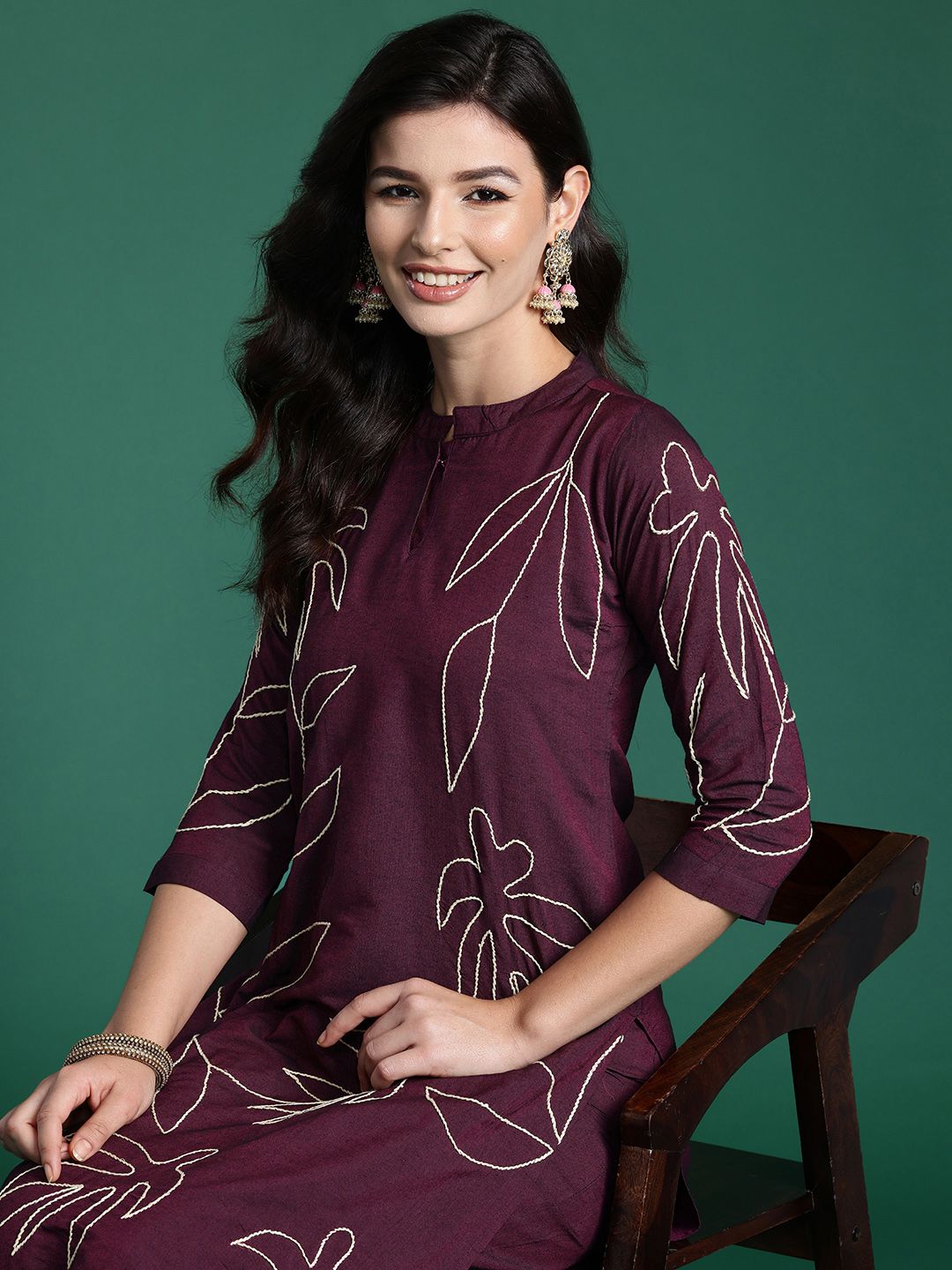 Dhiyona IE Floral Embroidered Thread Work Pure Cotton Kurta with Trousers