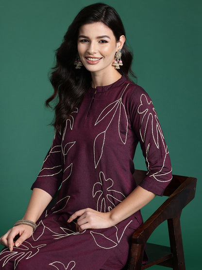 Dhiyona IE Floral Embroidered Thread Work Pure Cotton Kurta with Trousers