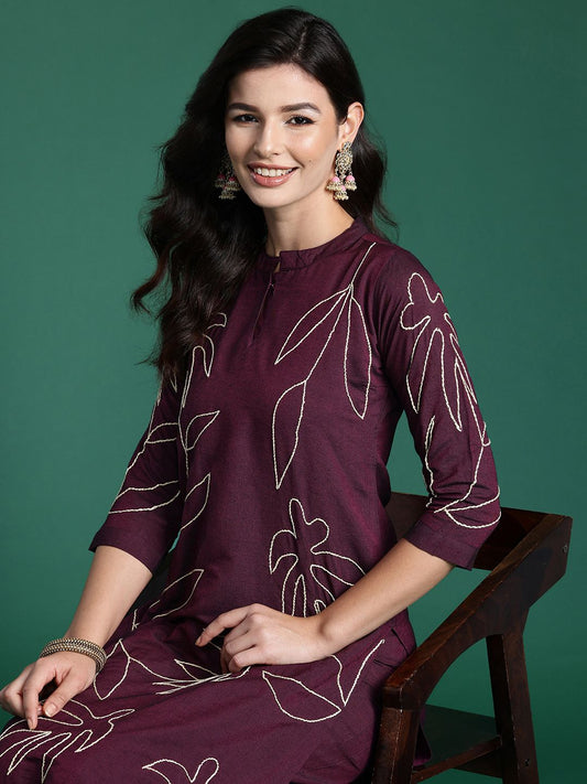 Dhiyona IE Floral Embroidered Thread Work Pure Cotton Kurta with Trousers