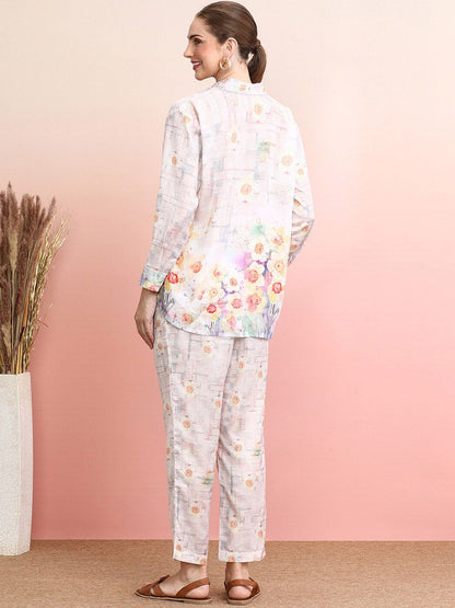 Dhiyona IE Printed & Embroidered Shirt With Trousers Co-Ords