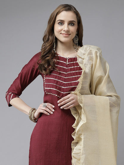 Dhiyona IE Maroon & Gold Yoke Design Gotta Patti Straight Kurta with Trousers & With Dupatta