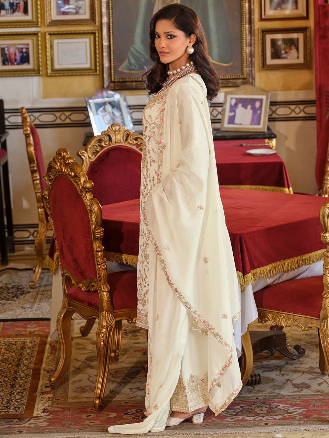 Adults-Women Woven Design Embroidered Kurta with Palazzos & Dupatta