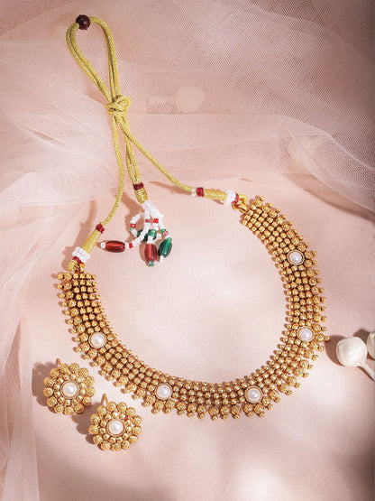 Dhiyona RJ Women's 22K Gold-Plated White Pearl Studded Traditional Choker Necklace Set with Gold Beads