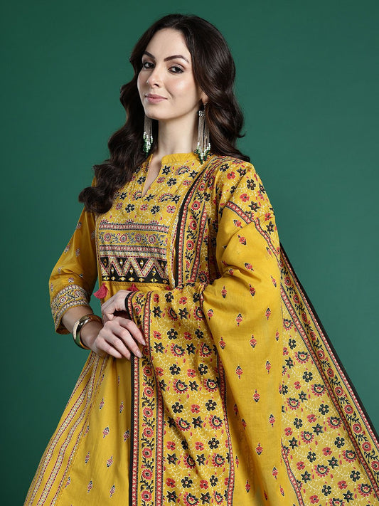 Dhiyona IE Ethnic Motifs Printed Pure Cotton Kurta with Trousers & Dupatta