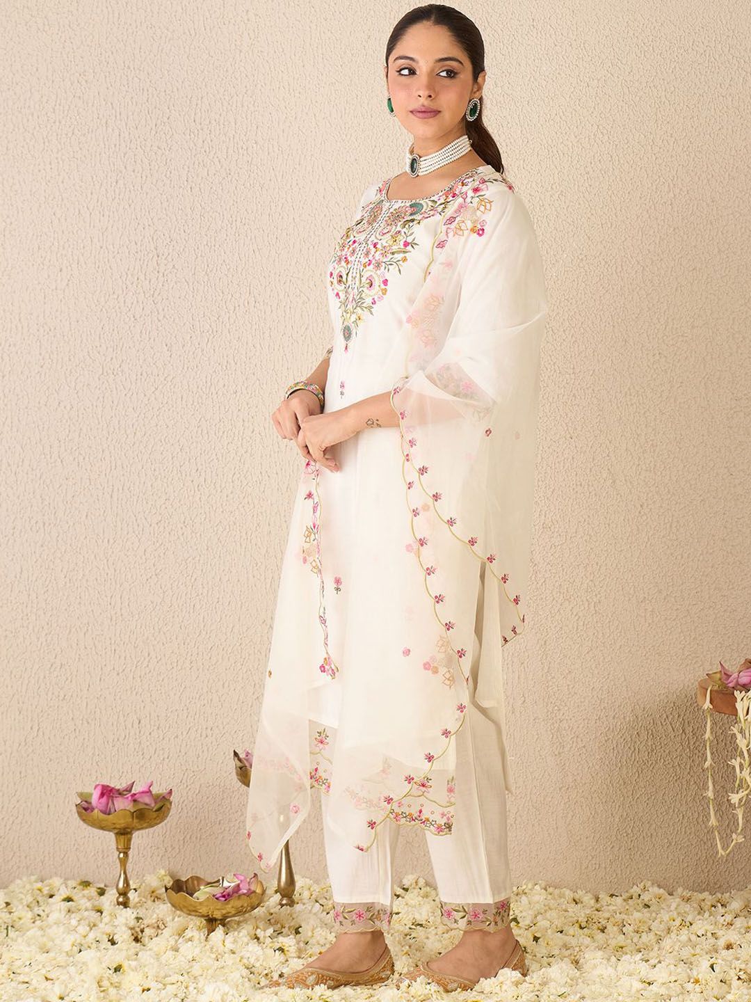 Floral Embroidered Round Neck Kurta With Trousers & Dupatta