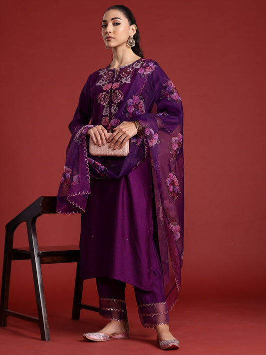 Dhiyona IE Floral Embroidered Sequinned Liva Kurta With Trousers & Dupatta
