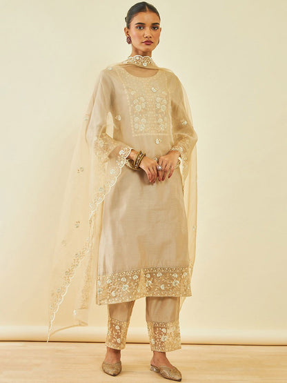 Dhiyona SO Women's Floral Embroidered Sequinned Chanderi Silk Straight Kurta With Trousers & Dupatta