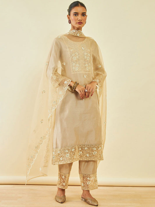 Dhiyona SO Women's Floral Embroidered Sequinned Chanderi Silk Straight Kurta With Trousers & Dupatta