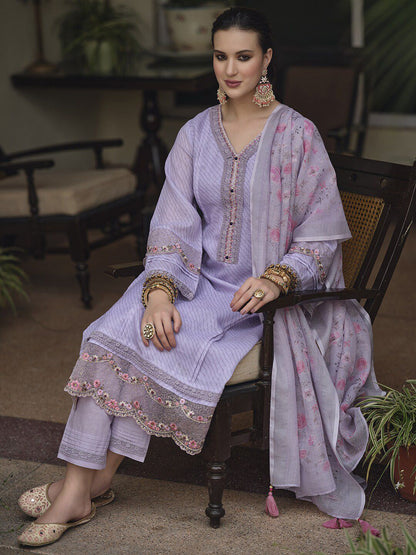 Dhiyona IE Lavender & Pink Floral Embroidered Thread Work Linen Kurta Set