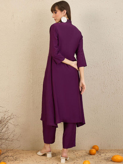 Embroidered Panelled Sequinned A-Line Kurta with Trousers