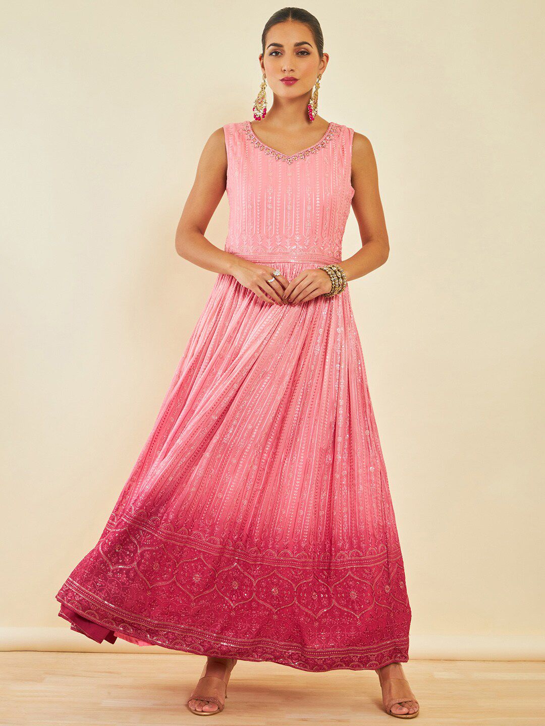 Dhiyona SO Women's Floral Embroidered Sequinned Anarkali Kurta With Trousers & Dupatta