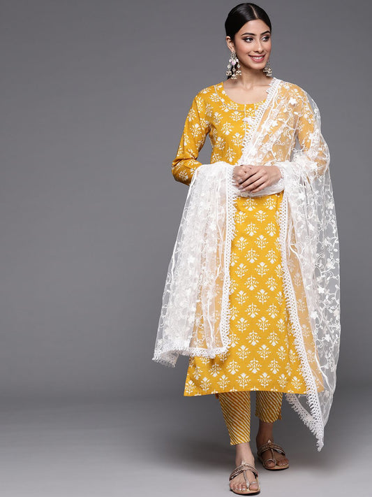 Dhiyona VA Women's Mustard Yellow Ethnic Motifs Printed Sequinned Pure Cotton Kurta with Trousers & With Dupatta