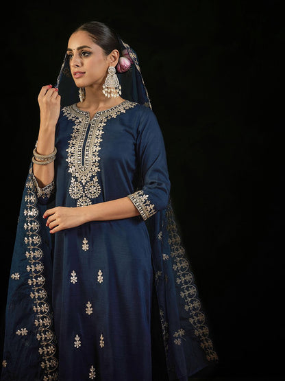 Dhiyona IE Notched Neck Ethnic Motifs Embroidered Gotta Patti Kurta with Trouser & Dupatta