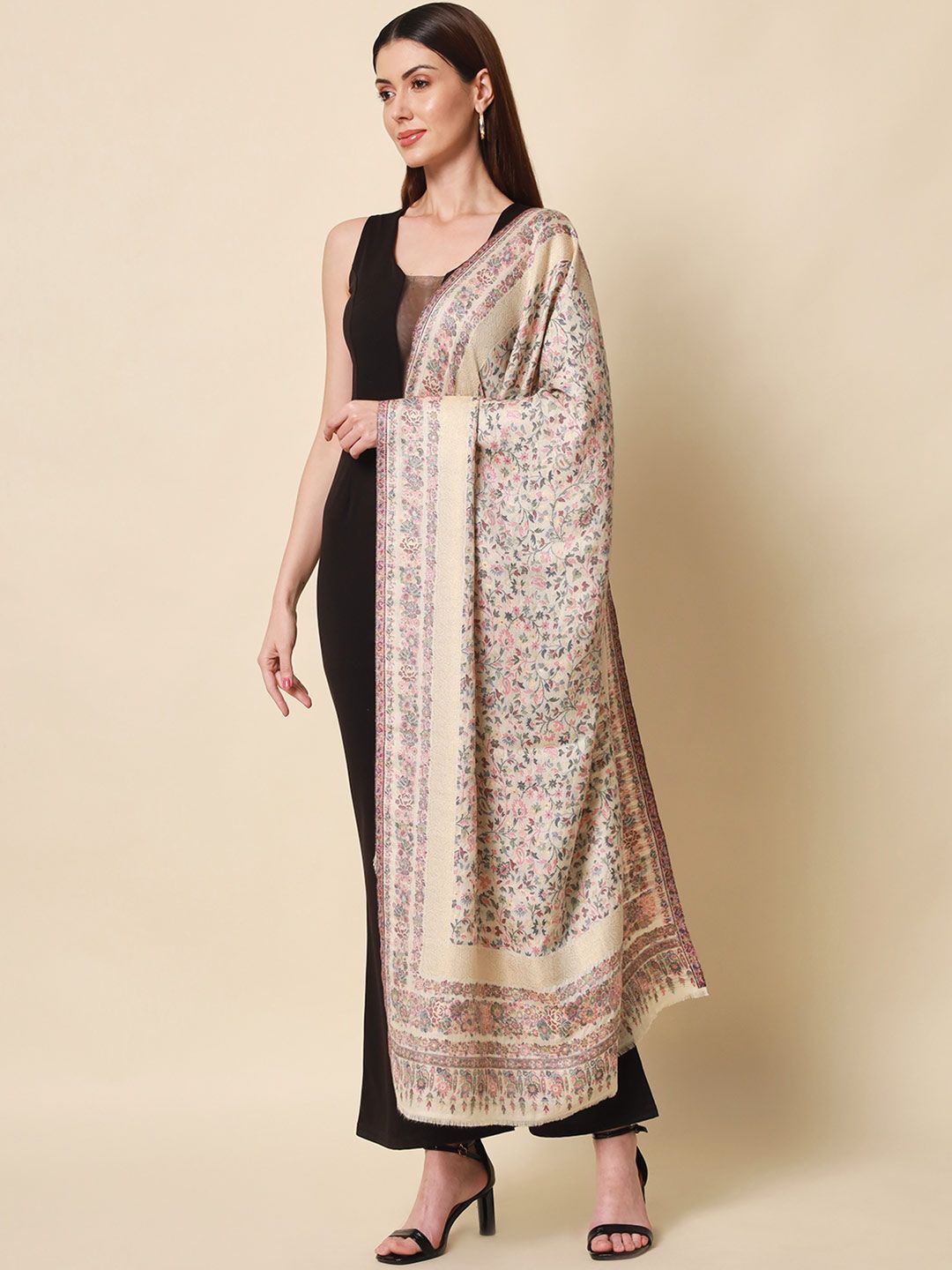Dhiyona PA Women White Woven Design Kaani Woolen Shawl