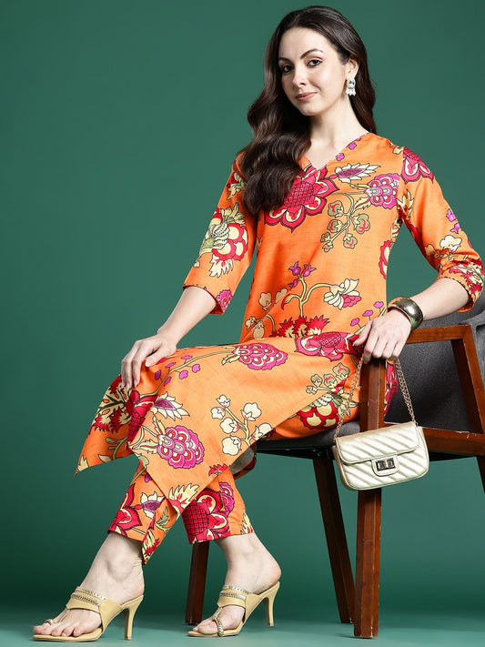 Dhiyona IE Women Floral Printed Regular Kurta with Trousers