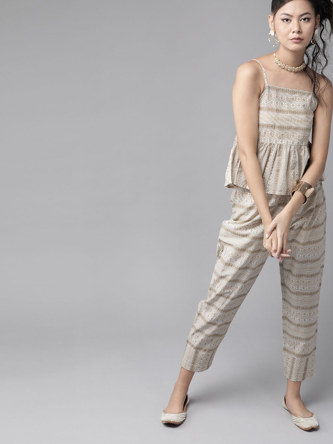 Dhiyona IE Women Off-White & Beige Printed Pure Cotton A-line Top with Trousers