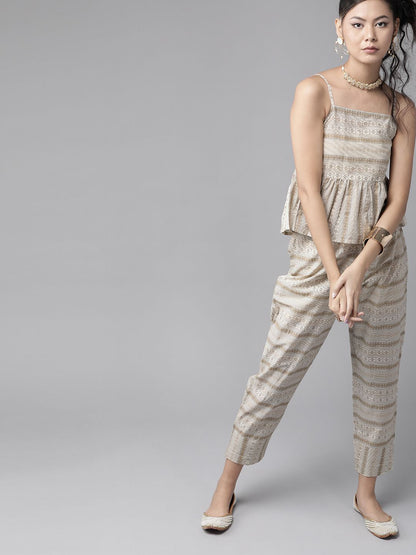 Dhiyona IE Women Off-White & Beige Printed Pure Cotton A-line Top with Trousers