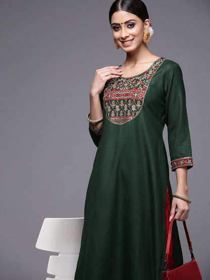 Dhiyona IE Women Green Ethnic Motifs Yoke Design Kurta