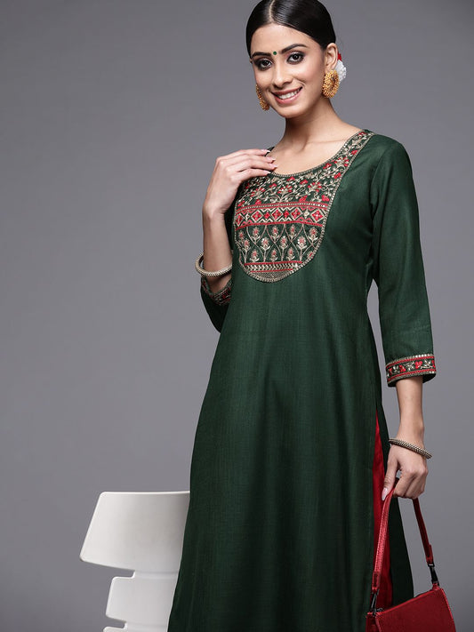 Dhiyona IE Women Green Ethnic Motifs Yoke Design Kurta