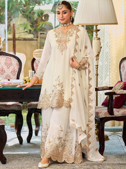 Ethnic Motifs Embroidered Sequinned Straight Kurta With Palazzos & Dupatta