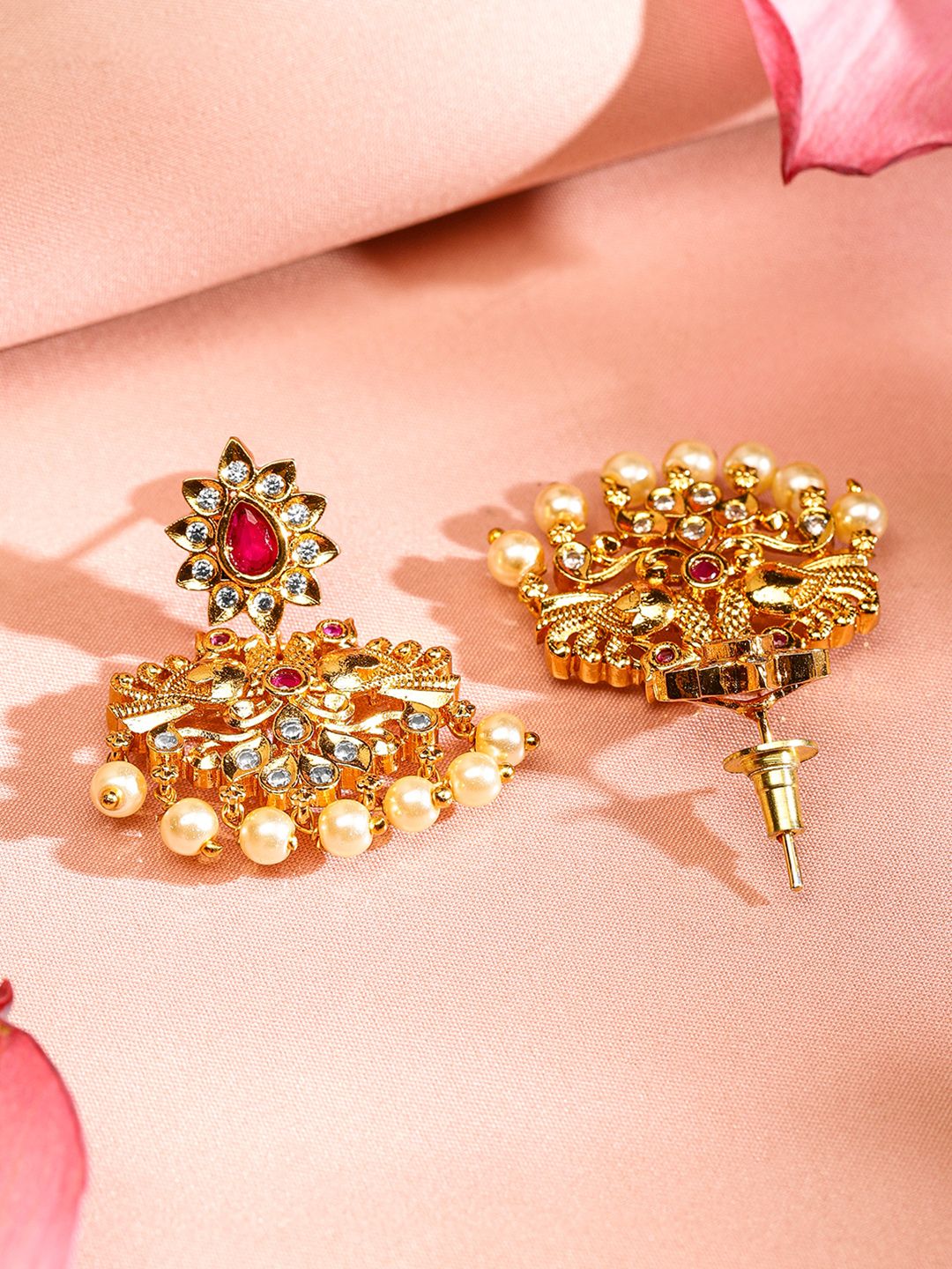 Dhiyona RJ Women's 22K Gold Plated Ruby Pink & CZ Studded Pearl Beaded Traditional Choker Jewellery Set