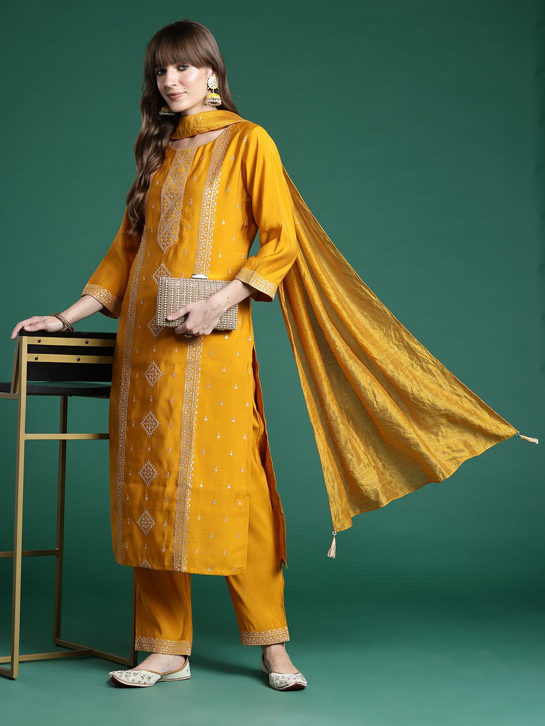 Dhiyona IE Ethnic Motifs Embroidered Regular Sequinned Kurta with Trousers & Dupatta