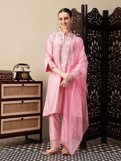 Dhiyona PD Women Floral Yoke Design Thread Work Jashn Kurta with Trousers & Dupatta