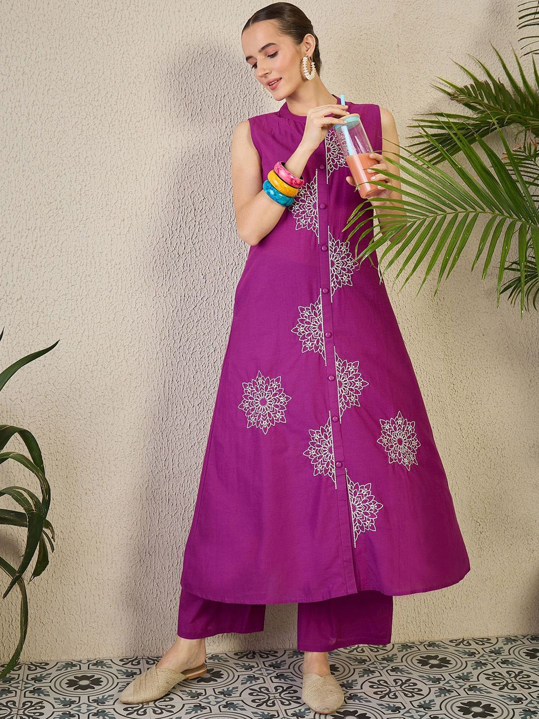 Dhiyona IE Women's Adults-Women Woven Design Embroidered Cotton A-Line Kurta with Palazzos