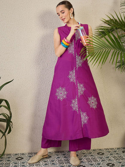 Dhiyona IE Women's Adults-Women Woven Design Embroidered Cotton A-Line Kurta with Palazzos