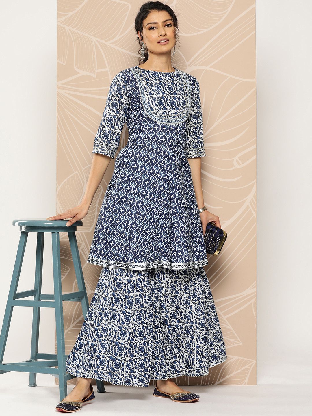 Dhiyona VA Women'sEthnic Motifs Printed Pleated Gotta Patti Pure Cotton Kurti With Sharara