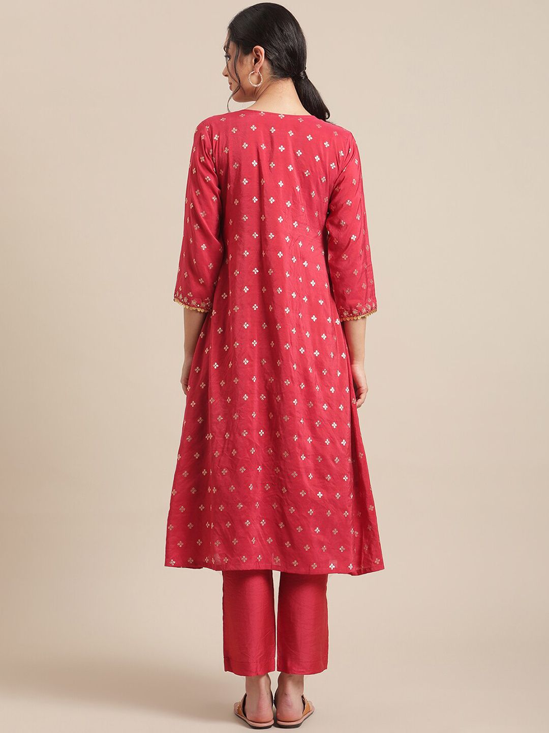Dhiyona VA Women's Red & Gold-Toned Floral Embroidered Mirror Work Pleated Kurta With Trousers