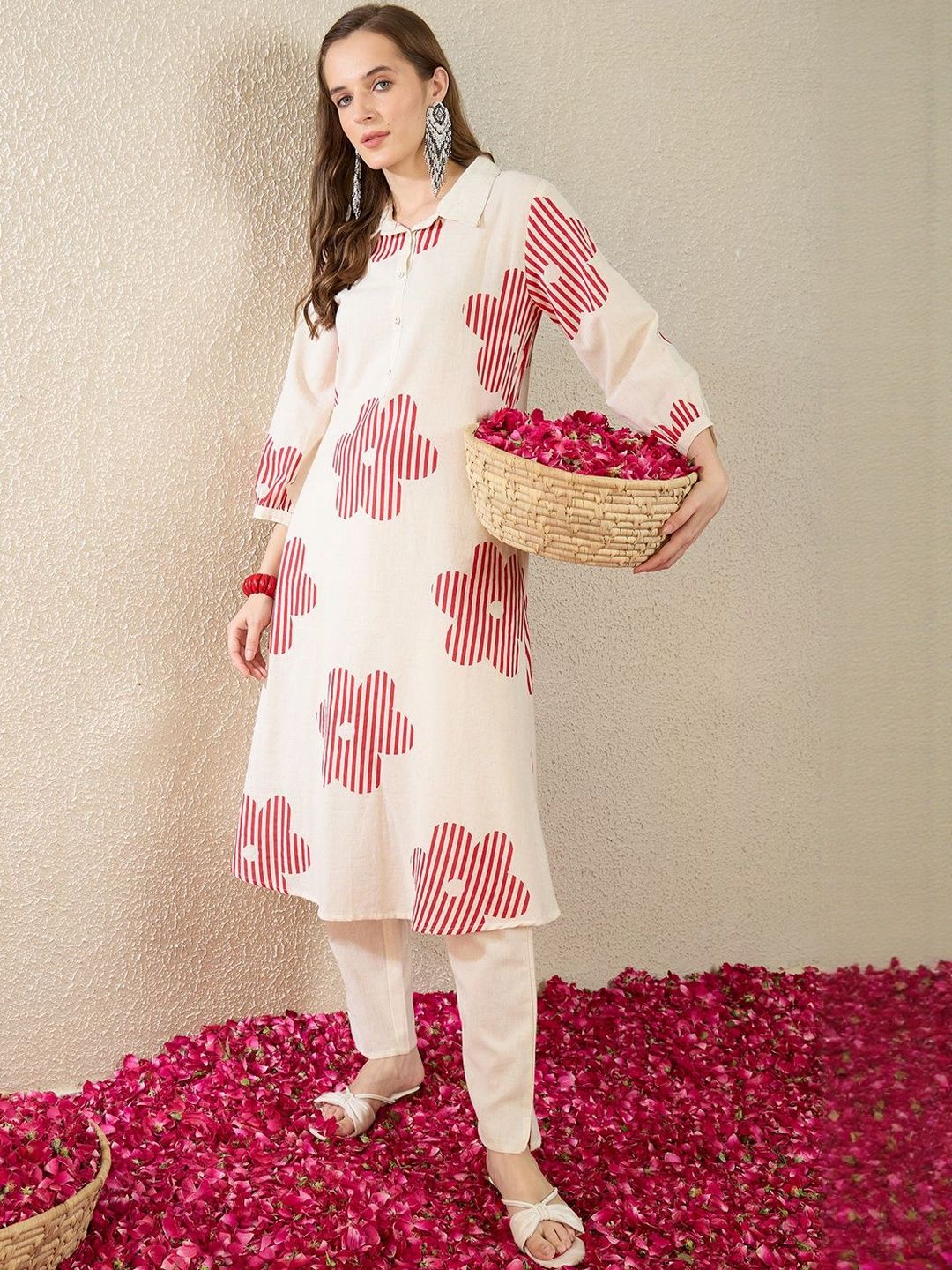 Floral Printed Pure Cotton A Line Kurta With Trousers