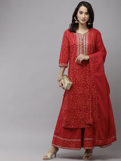 Dhiyona IS Women's Women Red Bandhani Embroidered Regular Aari Work Pure Cotton Kurta with Sharara & With Dupatta