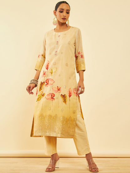 Dhiyona SO Women's Floral Printed Regular Zardozi Chanderi Silk Kurta with Trousers & Dupatta