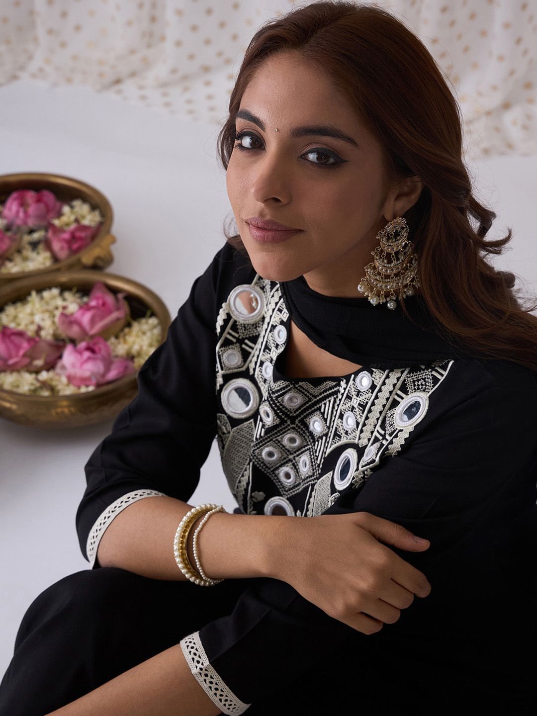 Ethnic Embroidered Round Neck Straight Kurta with Trousers & Dupatta