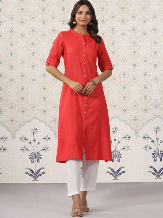 Dhiyona OD  Striped Mandarin Collar Roll Up Sleeves Kurta with Palazzos