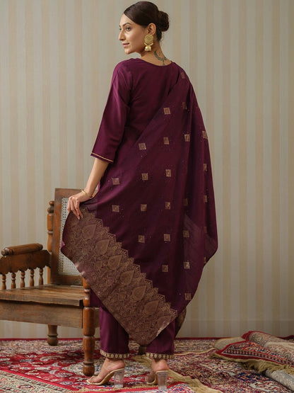 Dhiyona OD  Purple Ethnic Motifs Straight Kurta & Trousers With Dupatta